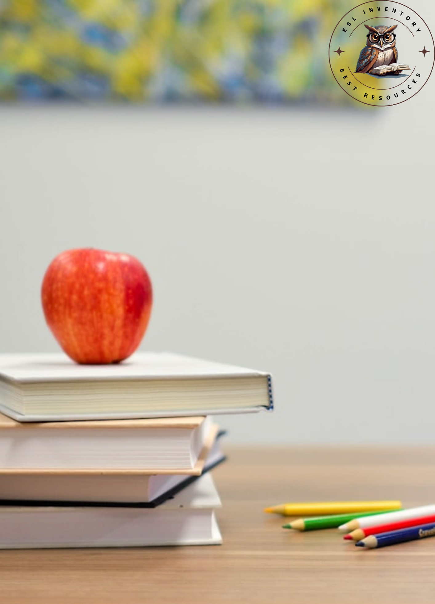 A red apple on a stack of books with colored pencils on a wooden desk, symbolizing learning and education.